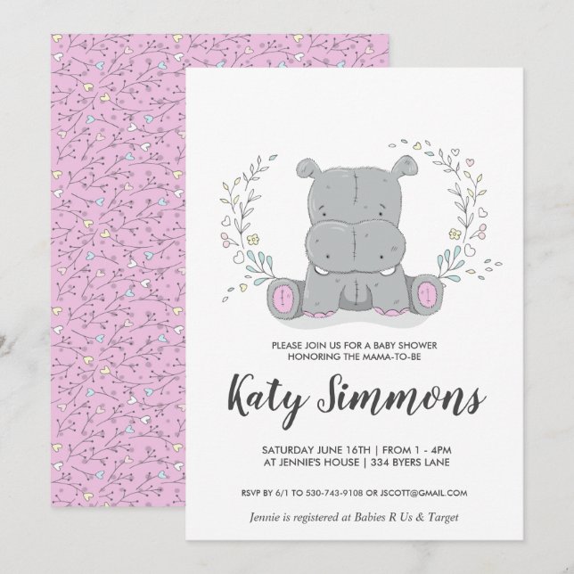 Invitation Baby shower d'amour hippo (Devant / Derrière)