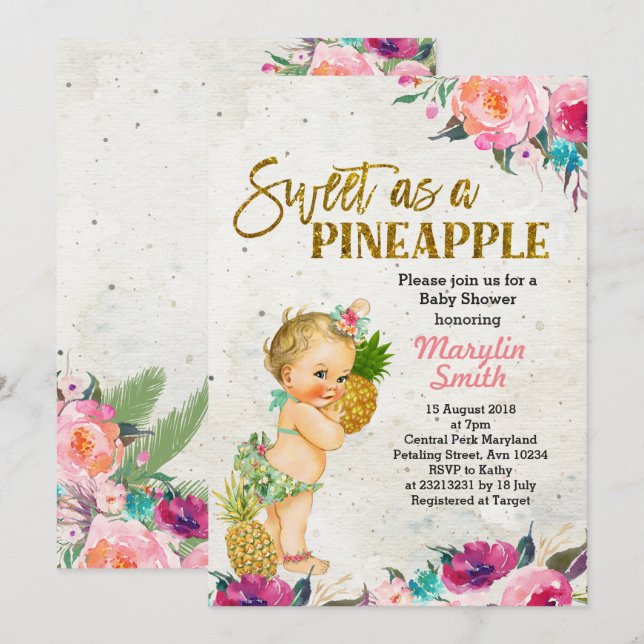 Invitation Baby shower d'ananas de plage (Devant / Derrière)