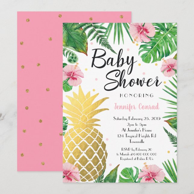 Invitation Baby shower d'ananas en or, Tropical (Devant / Derrière)