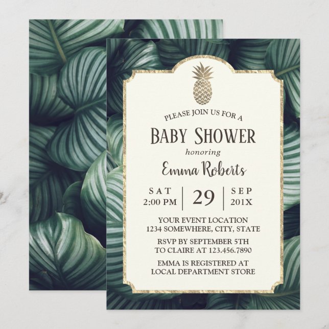 Invitation Baby shower d'ananas Tropical Feuille Luau (Devant / Derrière)