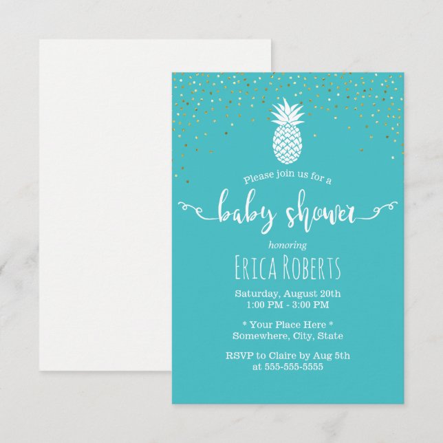 Invitation Baby shower d'ananas tropical Turquoise moderne (Devant / Derrière)