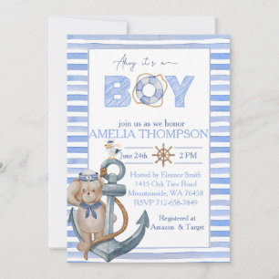 Invitation Baby shower d'ancrage de l'ours nautique bleu aqua