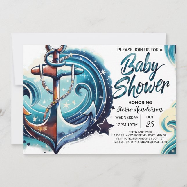 Invitation Baby shower d'Ancre aquarelle chic (Devant)
