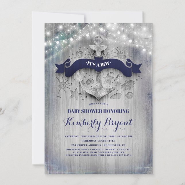 Invitation Baby shower d'Ancre d'argent nautique côtier (Devant)
