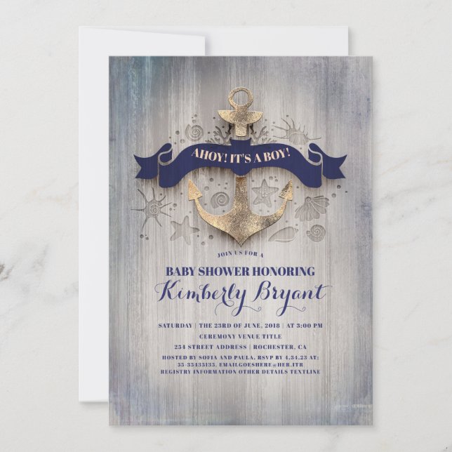 Invitation Baby shower d'Ancre d'or nautique côtier (Devant)