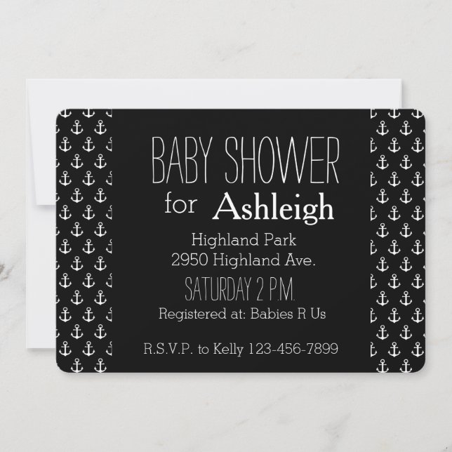 Invitation Baby shower d'Ancres nautiques noir et blanc (Devant)