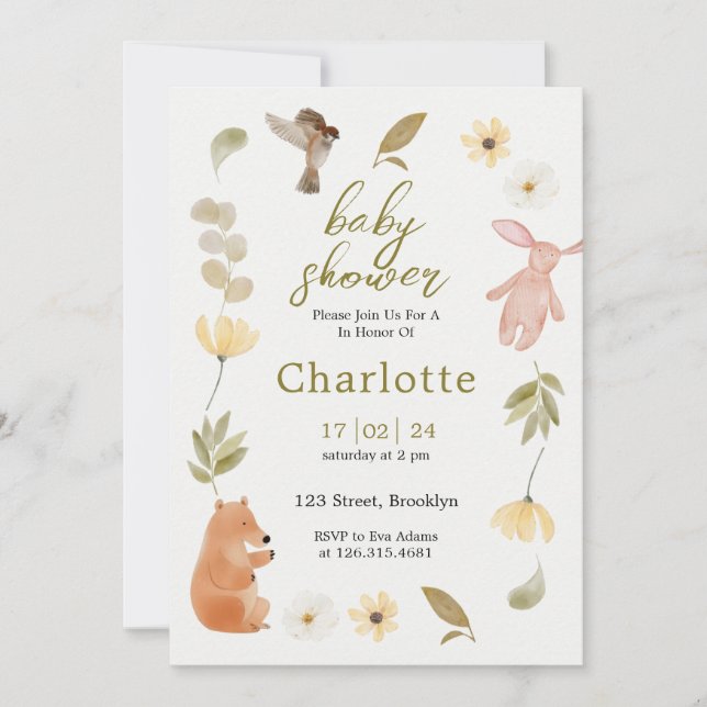 Invitation Baby shower d'animaux d'aquarelle vert crème (Devant)