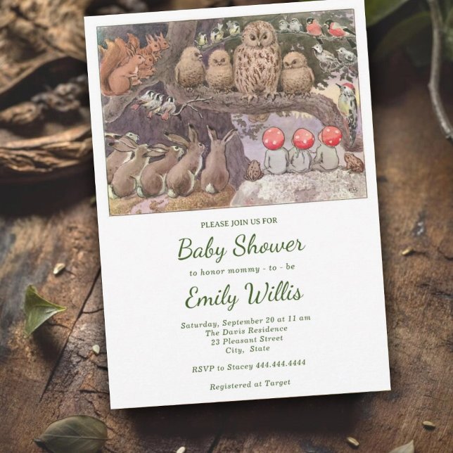 Invitation Baby shower d'animaux de bois de champignons migno (Créateur téléchargé)