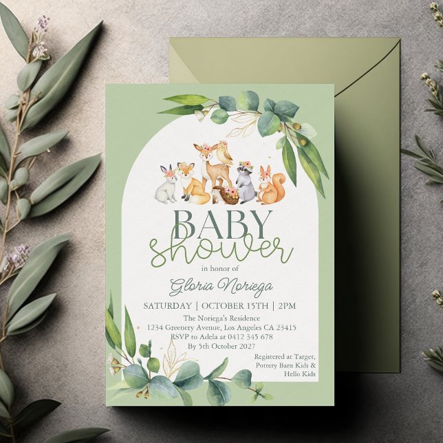 Invitation Baby shower d'animaux de bois de verdure (Créateur téléchargé)