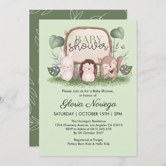 Invitation Baby shower d'animaux de bois de verdure moderne (Devant / Derrière)
