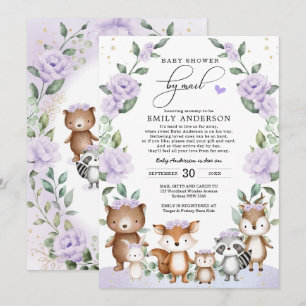 Invitation Baby shower d'animaux de bois floraux pourpres