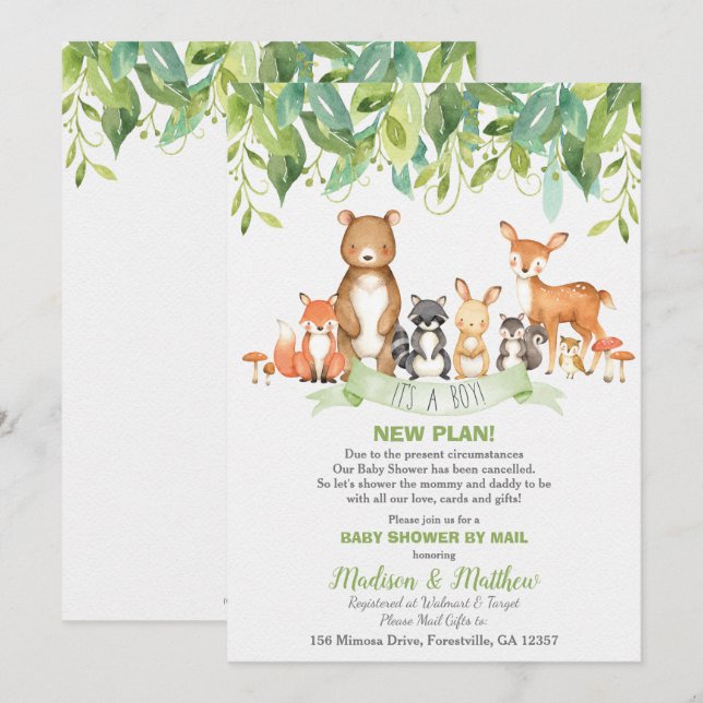 Invitation Baby shower d'animaux de bois par Mail Greenery Bo (Devant / Derrière)