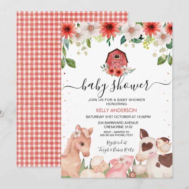 Invitation Baby shower d'animaux de ferme à plaid rouge (Devant / Derrière)