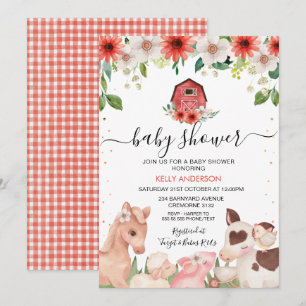 Invitation Baby shower d'animaux de ferme à plaid rouge