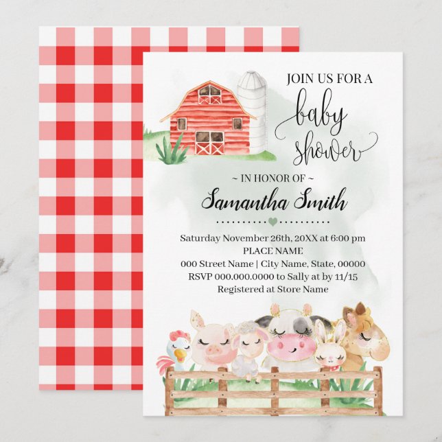 Invitation Baby shower d'animaux de ferme aquarelle pour bébé (Devant / Derrière)