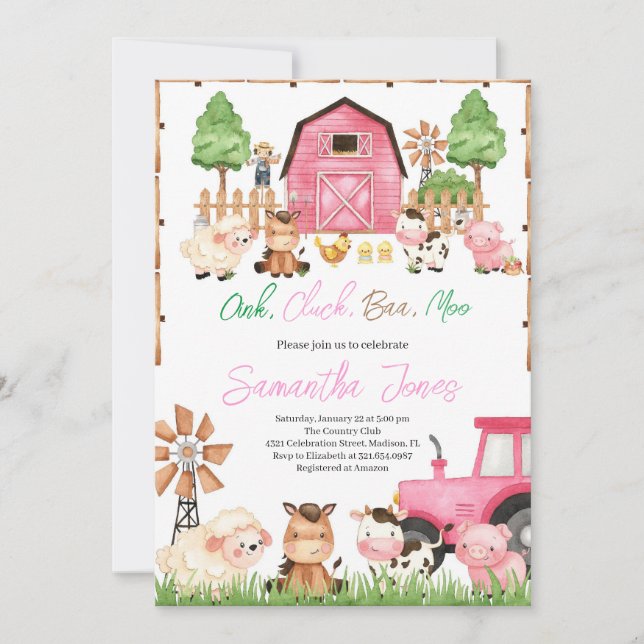 Invitation Baby shower d'animaux de ferme roses (Devant)