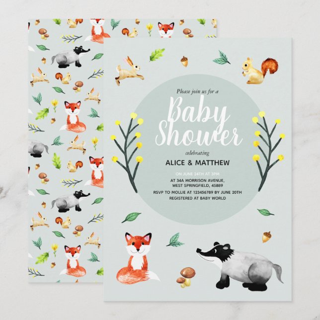 Invitation Baby shower d'animaux de forêt rustique (Devant / Derrière)