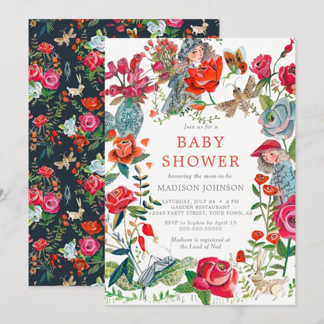 Invitation baby shower d'animaux de jardin rose à fleurs (Devant / Derrière)