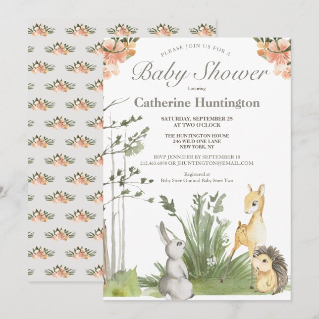 Invitation Baby shower d'animaux de la forêt douce (Devant / Derrière)