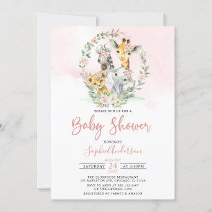 Invitation Baby shower d'animaux de la Jungle rose Floral