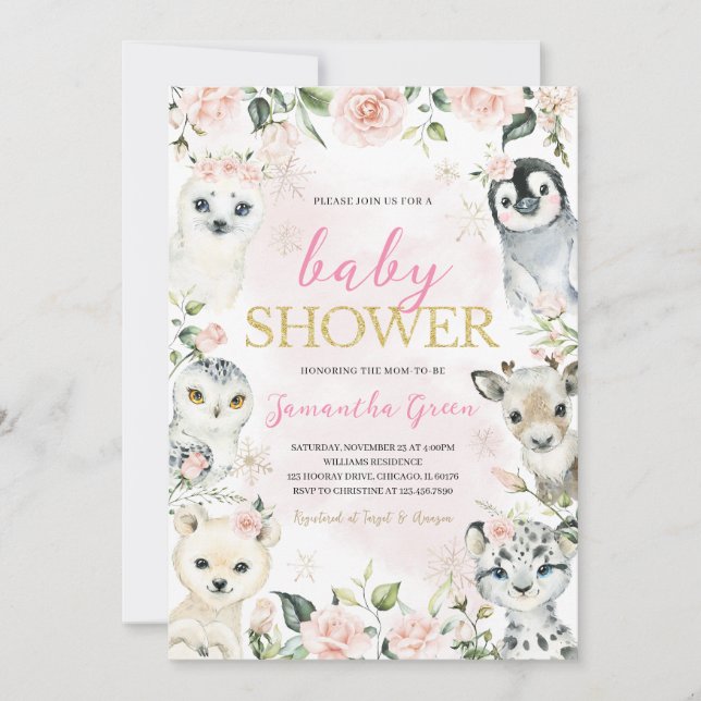 Invitation Baby shower d'animaux de l'Arctique d'hiver rose (Devant)