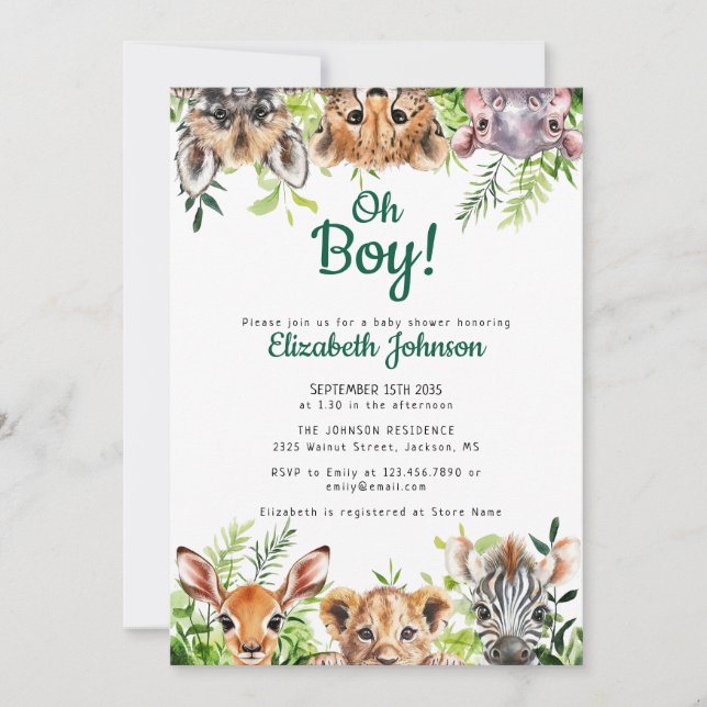Invitation Baby Shower d'animaux de Safari Aquarelle Oh Boy (Devant)