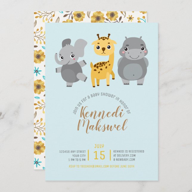 Invitation Baby shower d'animaux de zoo mignons (Devant / Derrière)