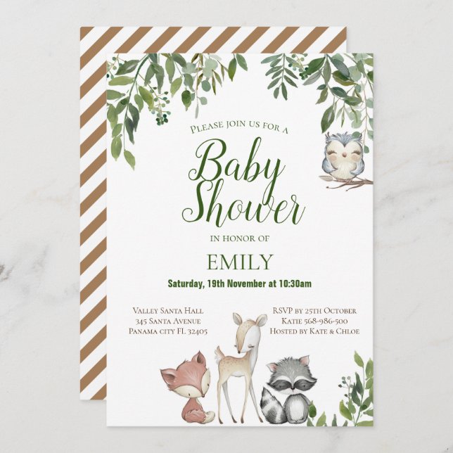 Invitation Baby shower d'animaux des bois de verdu (Devant / Derrière)