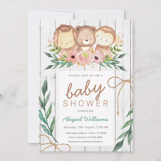 Invitation Baby shower d'animaux floraux rustiques (Devant)