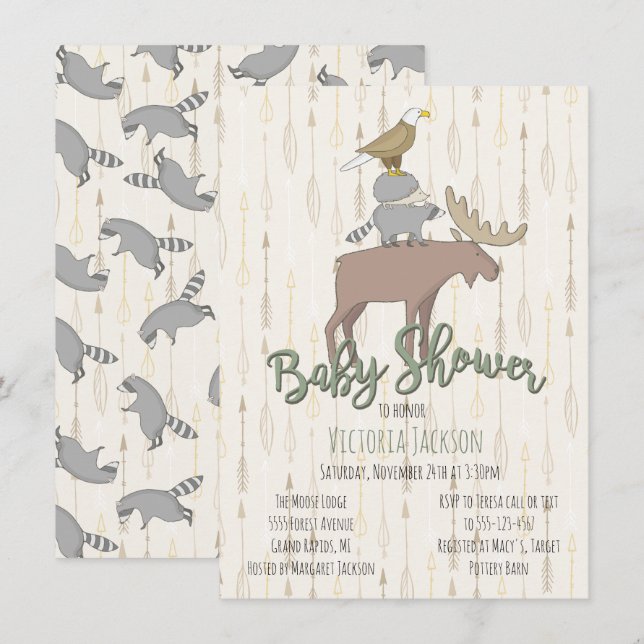Invitation Baby shower d'animaux rustiques en bois (Devant / Derrière)