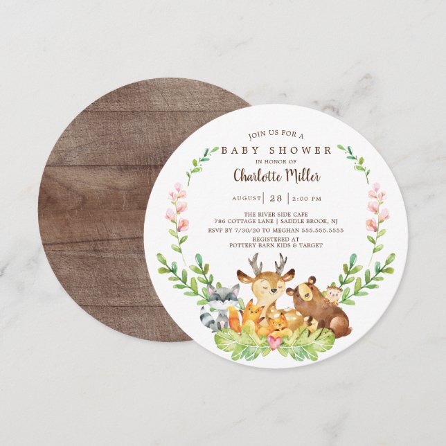 Invitation Baby shower d'animaux rustiques en bois (Devant / Derrière)