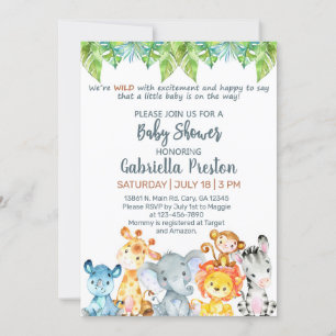 Invitation Baby shower d'animaux Safari. Blanc.
