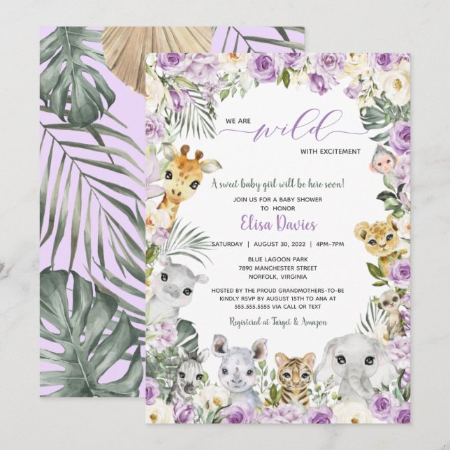 Invitation Baby shower d'animaux sauvages de la jungle fleuri (Devant / Derrière)