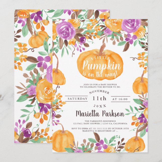 Invitation Baby shower d'aquarelle à cascade à citrouille Flo (Devant / Derrière)
