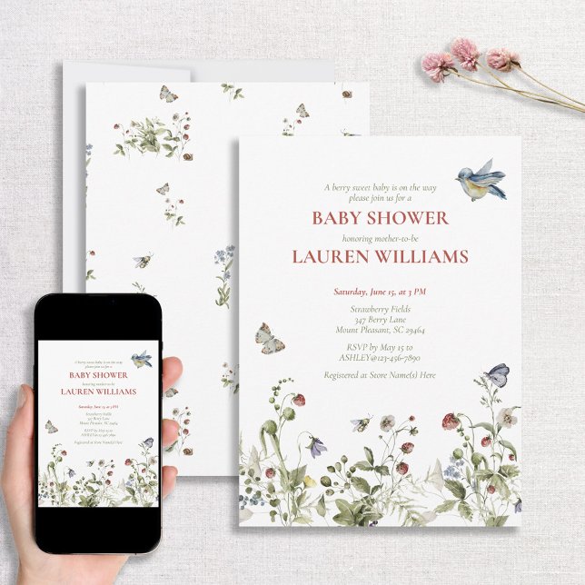 Invitation Baby shower d'aquarelle aux fraises doux Berry (Créateur téléchargé)
