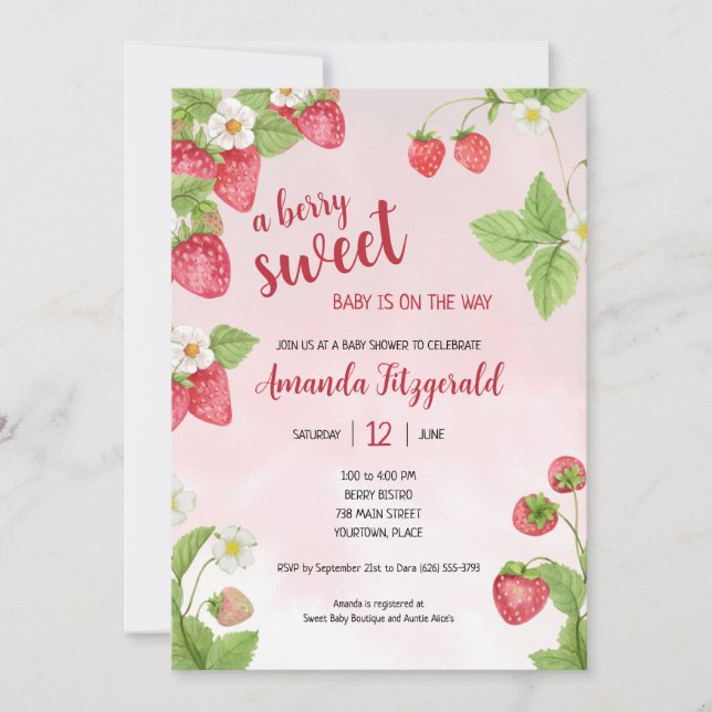 Invitation Baby shower d'aquarelle aux fraises sucrées (Devant)