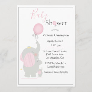Invitation Baby shower d'aquarelle bébé Eléphant rose fille