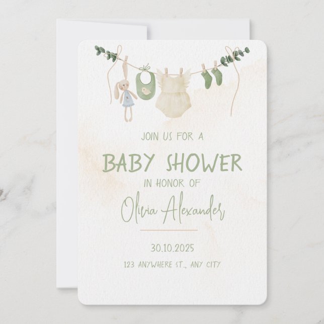 Invitation Baby shower d'aquarelle blanc et beige (Devant)