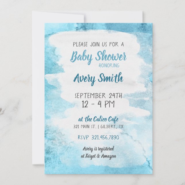 Invitation Baby shower d'aquarelle bleu (Devant)