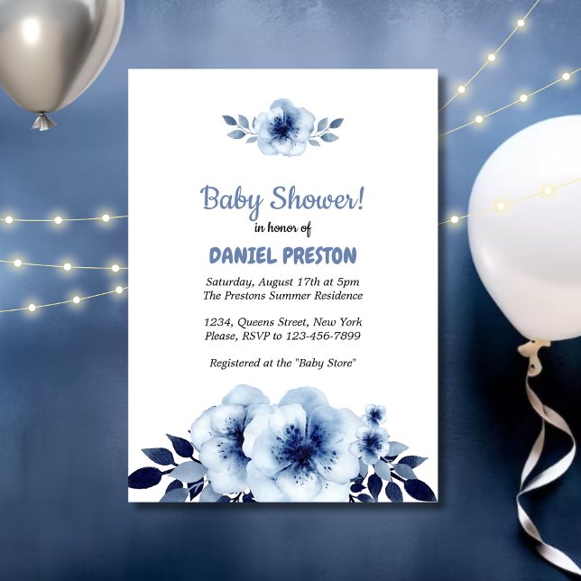 Invitation Baby shower d'aquarelle bleu foncé (Créateur téléchargé)