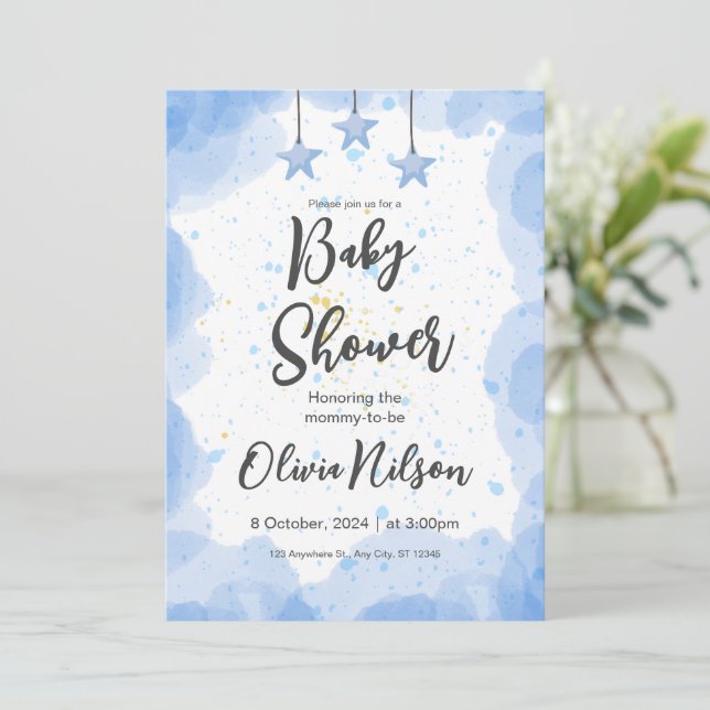 Invitation Baby shower d'aquarelle bleu, Oh Baby shower garço (Debout devant)