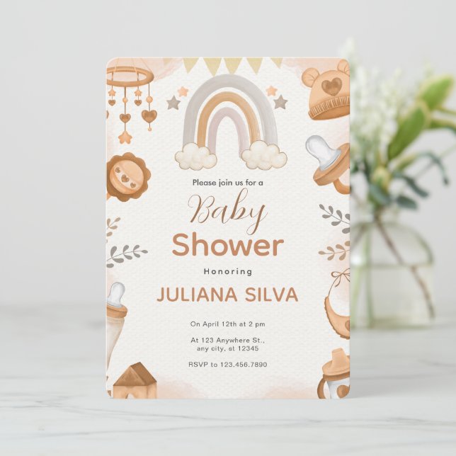 Invitation Baby shower d'aquarelle Brown de marque personnali (Debout devant)