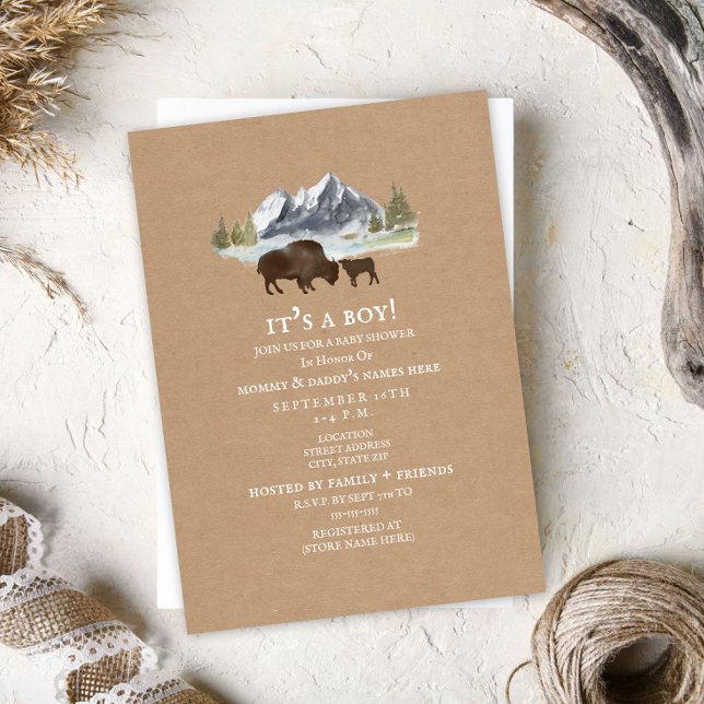 Invitation Baby shower d'aquarelle Buffalo Mama Mountains (Créateur téléchargé)