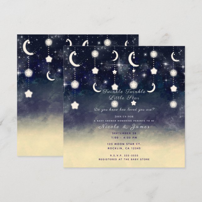 Invitation Baby shower d'aquarelle céleste de l'étoile lune (Devant / Derrière)