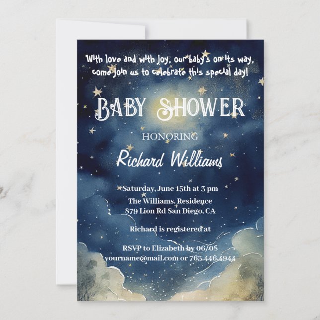 Invitation Baby shower d'aquarelle céleste étoilé (Devant)