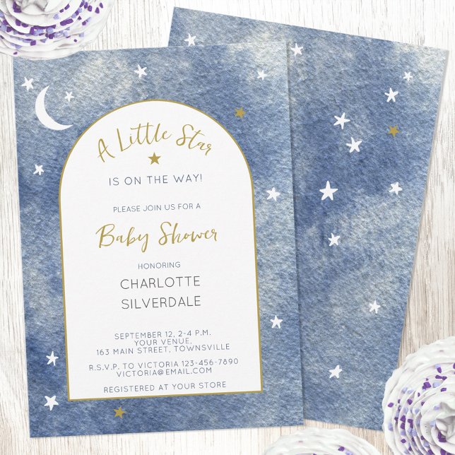 Invitation Baby shower d'aquarelle céleste Little Star (Little Star celestial personalized custom text watercolor baby shower invitation in navy white gold)