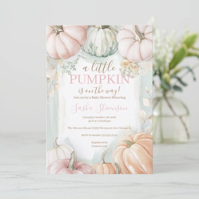 Invitation Baby shower d'aquarelle citrouille d'automne (Debout devant)
