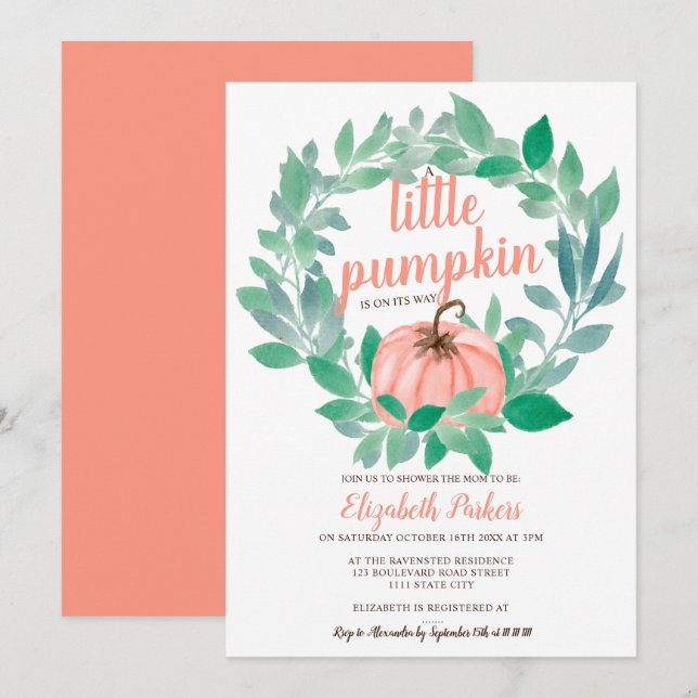 Invitation Baby shower d'aquarelle citrouille de corail d'aut (Devant / Derrière)