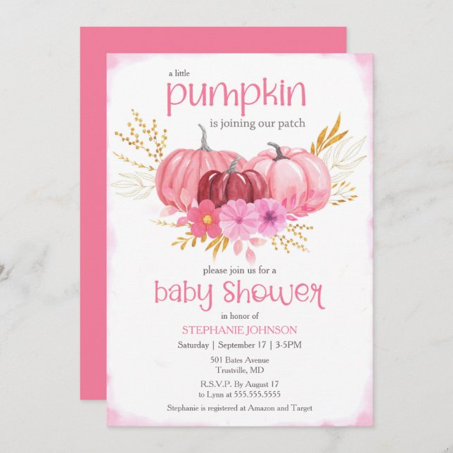 Invitation Baby shower D'Aquarelle Citrouille Rose Cute Dans (Devant / Derrière)