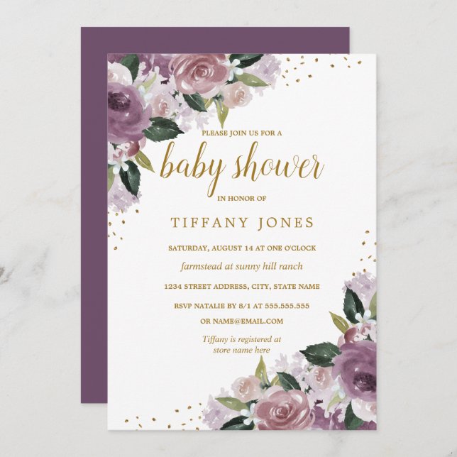 Invitation Baby shower d'aquarelle couleur or viol (Devant / Derrière)